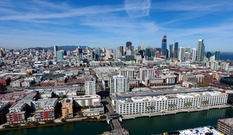 Bird's eye view of Mission Bay, San Francisco, CA, aerial.